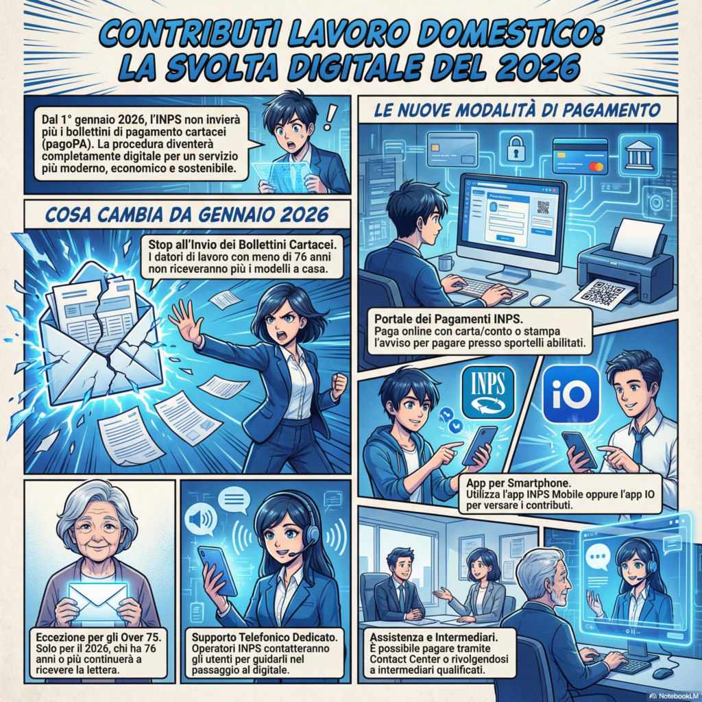 Infografica riepilogativa sulla dematerializzazione del pagamento dei contributi INPS dal 2026 per i datori di lavoro domestici